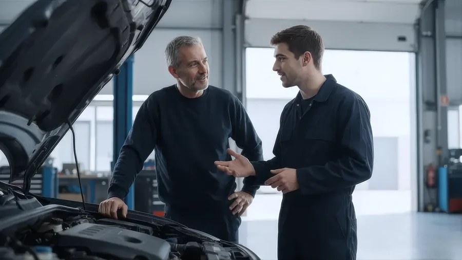 Dos mecánicos del taller hablando junto a un coche con el capó abierto