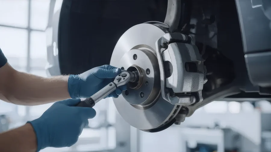Manos de un mecánico montando un disco de freno con una llave dinamométrica